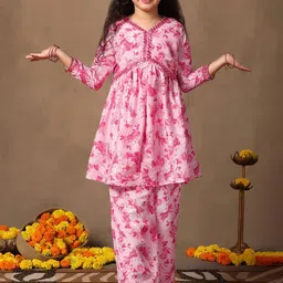 Sangria Girls Floral Printed V-Neck Empire Mirror Work Muslin A-Line Kurta With Palazzo-image-27