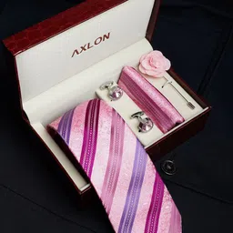 AXLON Men Striped Tie Pocket Square Cufflink & Flower Pin Accessory Gift Set-image-83
