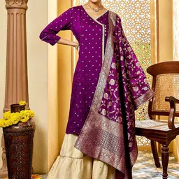 VASTRAMAY Geometric Jacquard Weave Chanderi Silk Angrakha Kurta with Sharara & Dupatta-picture-15