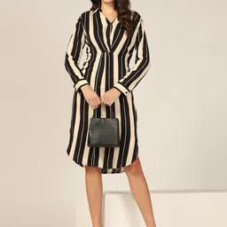 Mustard Women Shirt Collar Striped Shirt Dress-image-86
