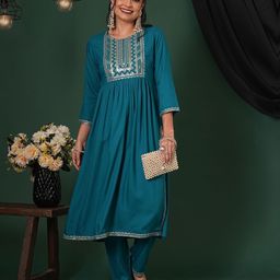 Globus Teal Women Floral Yoke Design Regular Sequinned A-Line Kurta with Trousers-image-32