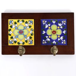 Exotic India Blue & Yellow 1-Piece Printed Double Tiled Wooden Framed Hooks-35