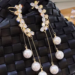 KRENOZ Gold-Plated American Diamond Studded & Pearls Beaded Tasselled Korean Drop Earrings-45