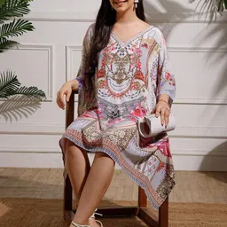 Aditi Wasan Embellished Print Kimono Sleeve Satin Kaftan Midi Dress-image-19