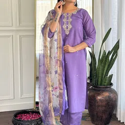Brand Hill Floral Embroidered Round Neck Thread Work Kurta With Trousers & Dupatta-picture-48