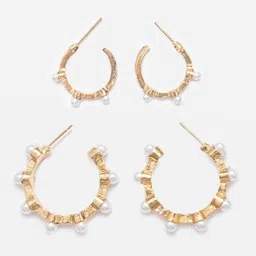 Mesmerize Set Of 2 Gold-Plated Stones Studded and Beaded Contemporary Half Hoop Earrings-77