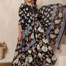 KIMAYRA Floral Printed Panelled Thread Work Pure Cotton Kurta with Palazzo & Dupatta-picture-12