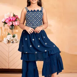 BAESD Girls Teal Blue Thread Embroidery Kurti Sharara Ethnic Wear Set-picture-49