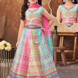 BAESD Girls Printed Mirror Work Tie and Dye Ready to Wear Lehenga & Blouse With Dupatta-17
