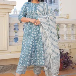 IKRASS Women Floral Printed Regular Pure Cotton Kurta with Trousers & With Dupatta-picture-13