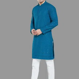 PulseIQ Turquoise Blue Viscose Rayon Solid Kurta Sets-image-89