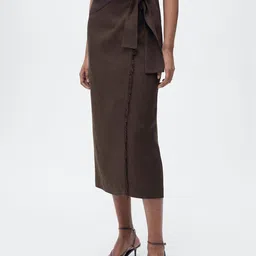 MANGO Women Pure Linen Wrap Skirt With Fringe Detail-47