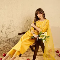 Indo Era Women Floral Embroidered Regular Thread Work Liva Kurta with Trousers & With Dupatta-picture-13