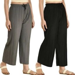 Women Regular Fit Black, Grey Crepe Trousers-image-3