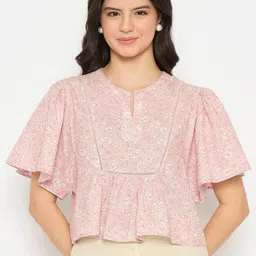 Madame Print Keyhole Neck Flared Sleeve Cotton Peplum Top-picture-11
