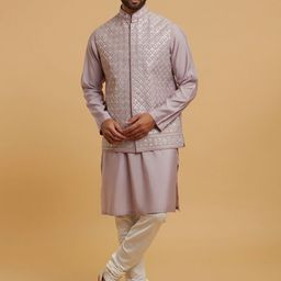 Twamev Men Grandeur Mandarin Collar Straight Kurta With Churidar & Nehru Jacket-image-46