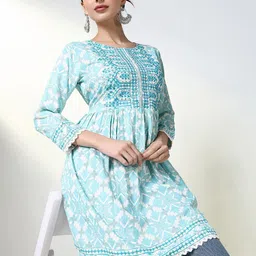 SHOWOFF Ethnic Motifs Yoke Design Mirror Work Mirror Work Pleated Kurti-picture-21