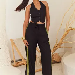 Urban Suburban Women Black Relaxed Linen Pants with Contrast Tape Detail Trousers-image-21