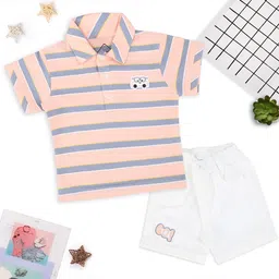 MashUp Boys Striped Polo Collar Pure Cotton T-Shirt With Shorts-image-64
