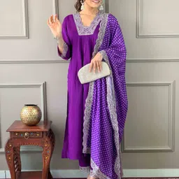 KALINI Floral Yoke Design Thread Work Straight Kurta With Trousers & Dupatta-picture-10