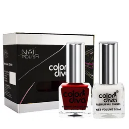 Color Diva Set Of 2 Long Lasting Nail Enamel - 9.5 ml Each - White-Maroon-14