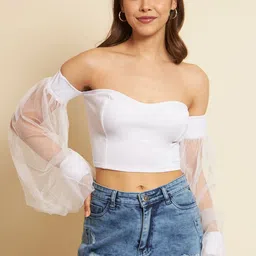 TANDUL Off-Shoulder Puff Sleeve Bardot Crop Top-picture-40