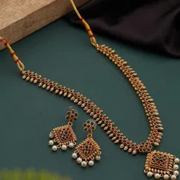 Anouk Gold-Plated & Multicolour Stone Stone Studded Floral Jewellery Set with Pearl drop-3