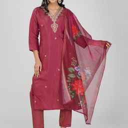 Charitra Women Floral Embroidered Regular Beads and Stones Kurti with Trousers & With Dupatta-image-96