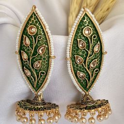 Zeviel Gold-Plated Stones Studded & Pearls Beaded Enamelled Leaf Shaped Drop Earrings-image-39