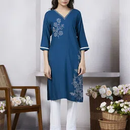 GRIOPY Floral Embroidered V-Neck Thread Work Straight Kurta-image-3