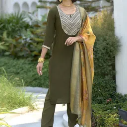MISS CLOTHING Women Solid Regular Sequinned Kurti with Trousers & Dupatta-picture-0