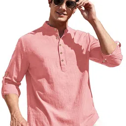 APEKTRA Men Band Collar Roll-Up Sleeves Slim Fit Short Kurta-picture-22