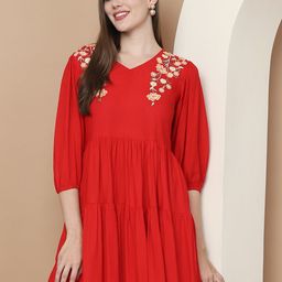Indian Needle Women Floral Embroidered Puff Sleeve A-Line Dress-image-81
