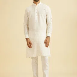 Manyavar Geometric Woven Design Mandarin Collar Straight Linen Kurta-image-10