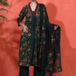 Sangria Floral EmbroideredPure Cotton A-Line Kurta With Palazzo & Dupatta-picture-51