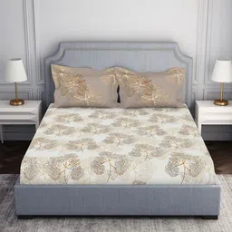 SPACES Essentials Off White & Brown Floral Printed 130 TC Queen Bedsheet & 2 Pillow Covers-1