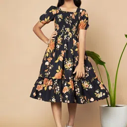 ZWERLON Floral Print Puff Sleeve A-Line Midi Dress-56