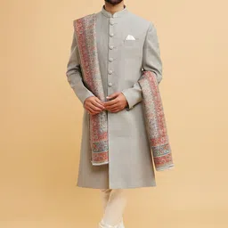 Twamev Men Self Design Sherwani Set With Dupatta-image-93
