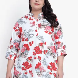 Indietoga Floral Print Mandarin Collar Crepe Longline Top-image-60