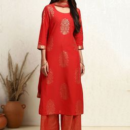 Biba Floral Woven Design Regular Pure Cotton Straight Kurta with Palazzos & Dupatta-36