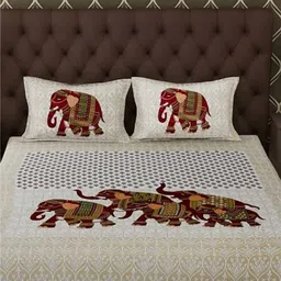 Aura White & Red Ethnic Motifs 144 TC Queen Bedsheet with 2 Pillow Covers-image-91