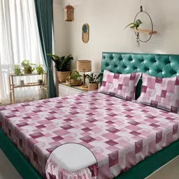 Klotthe Pink Geometric 400 TC Pure Cotton Fitted Double Bedsheet with 2 Pillow Covers-image-34