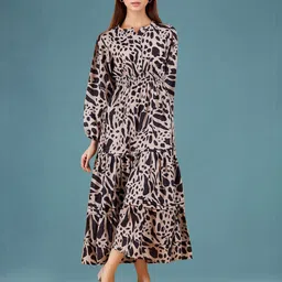 ChicFlick Animal Print Bishop Sleeves Smocked Tiered Fit & Flare Maxi Dress-picture-56