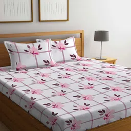 Myntra Elegant Homes White & Pink Floral Printed Fitted 300 TC King Bedsheet with 2 Pillow Covers-picture-49