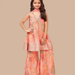 Wommaniya Impex Girls Floral Printed Empire Sequinned Kurta with Sharara & With Dupatta-picture-40