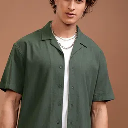 HIGHLANDER Men Cuban Collar Solid Cotton Relaxed Fit Casual Shirt-picture-38