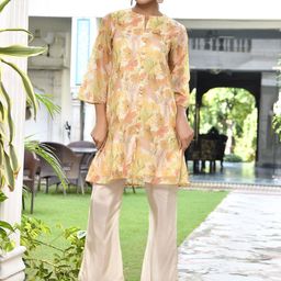 VAASVA JAIPUR Floral Printed Notched Round Neck Thread Work Tunic With Trousers-5