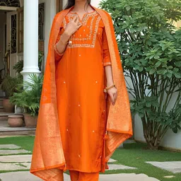 KALINI Women Orange Silk Blend Embroidered Straight Kurta Set With Dupatta-picture-41