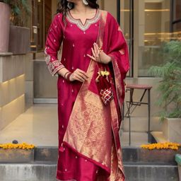 TWINS LADY Women Ethnic Motifs Embroidered Regular Sequinned Raw Silk Kurta with Trousers & With Dupatta-picture-20
