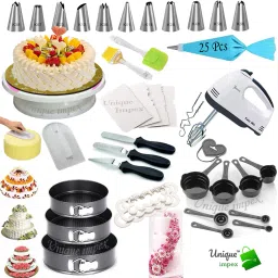 - 3 Pc Round Shape Cake Moulds + cake baking set combo + electric hand blender Kitchen Tool Set-image-4